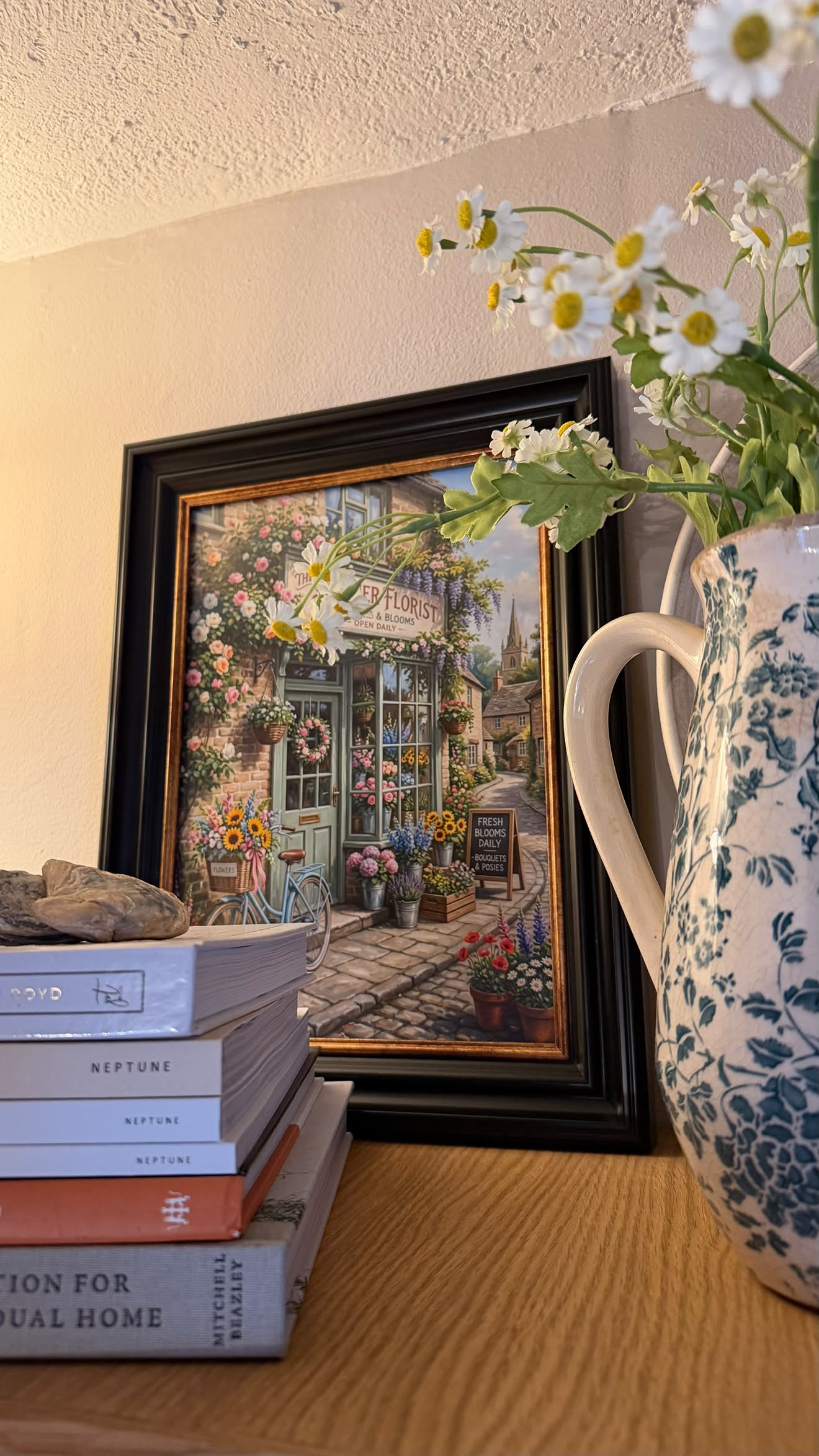 Summer Florist Shop Wall Art, Rustic Village Street Print, Cottagecore Country Home Decor