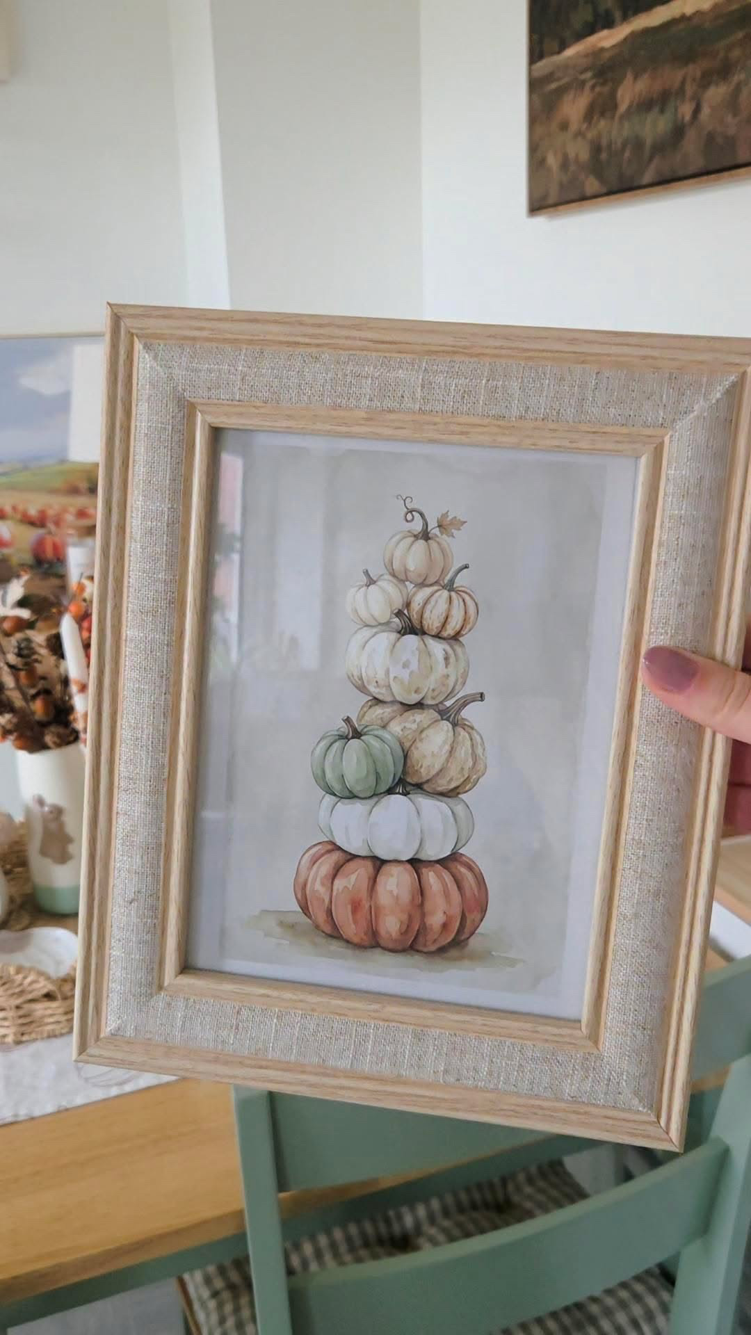 Stacked Pumpkin Watercolour Wall Art Autumn Harvest Print Rustic Halloween Decor