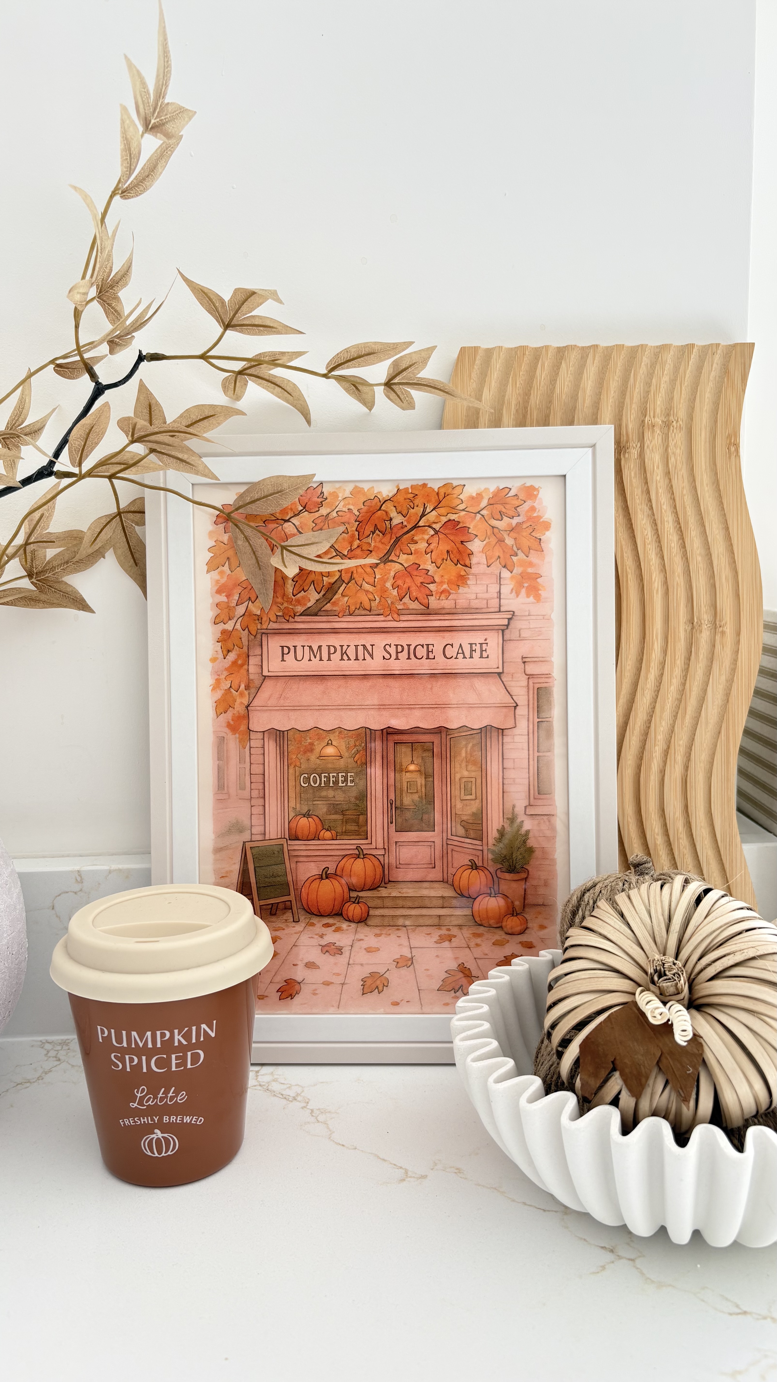 Pumpkin Spice Café Wall Art – Cozy Autumn Coffee Shop Print with Pumpkins & Fall Leaves