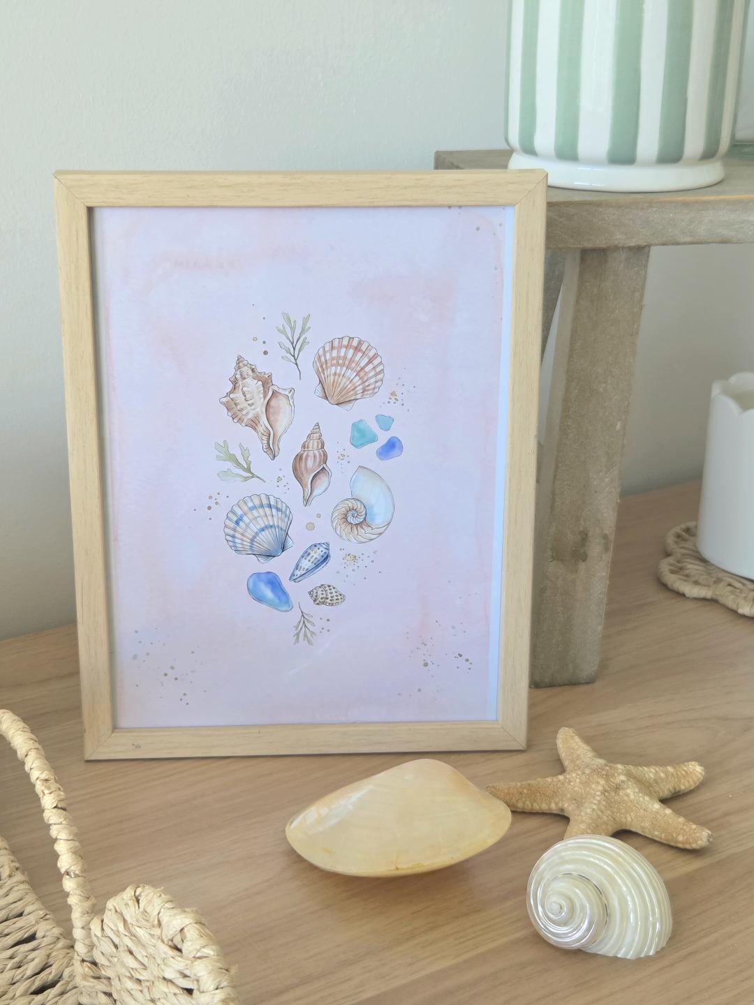 Pink Seashell Summer Wall Art, Watercolour Coastal Print, Humorous Kitchen Decor