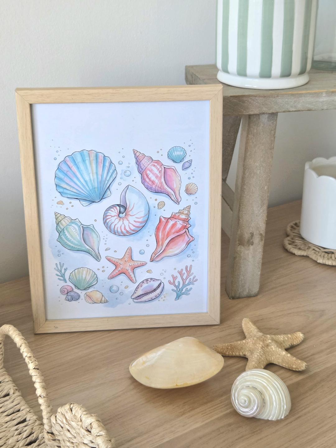 Pastel Seashell Collection Wall Art, Watercolour Summer Print, Coastal Beach Decor, Nautical Illustration