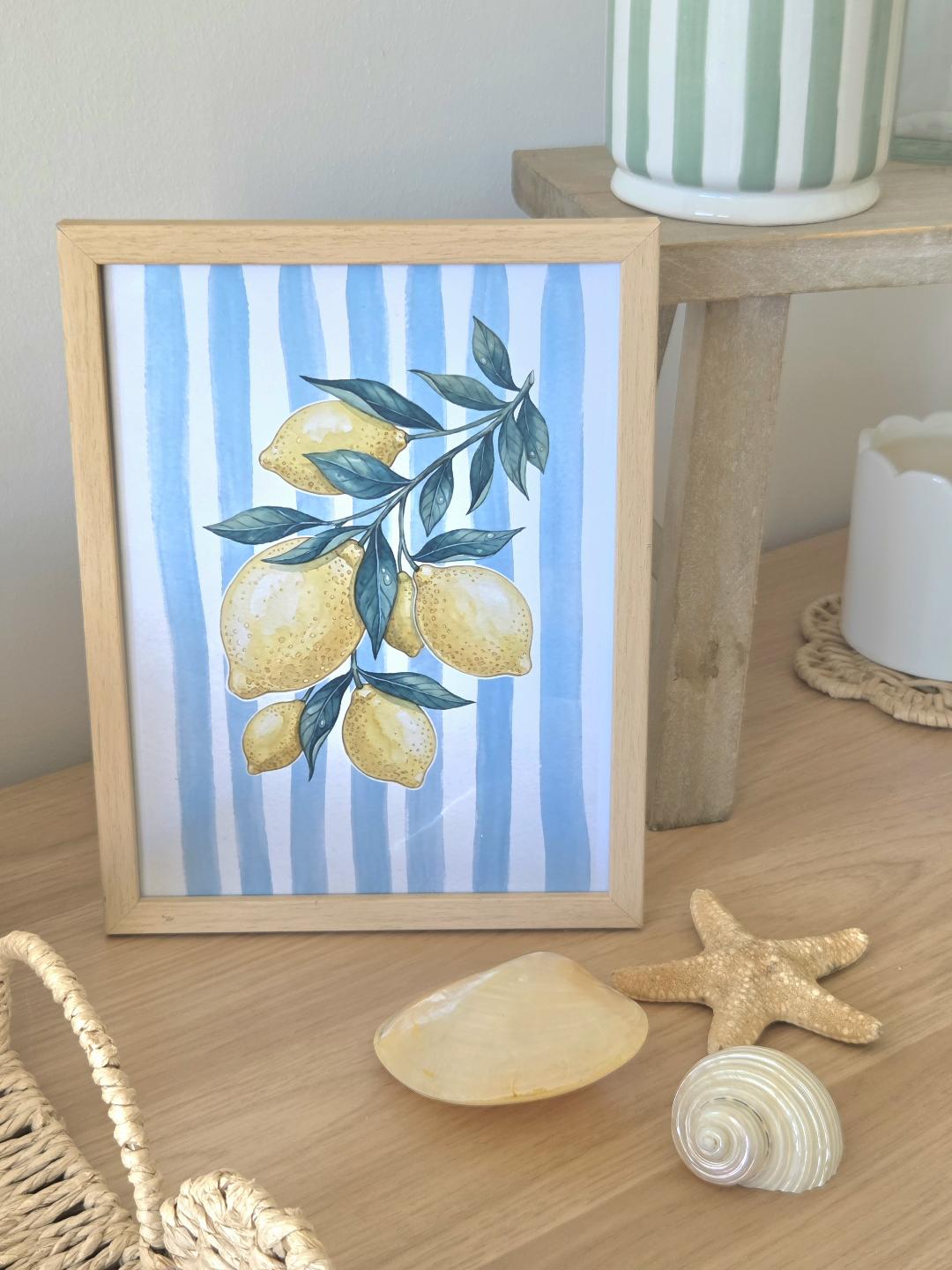 Lemon Branch Summer Wall Art, Watercolour Citrus Print, Coastal Home Decor