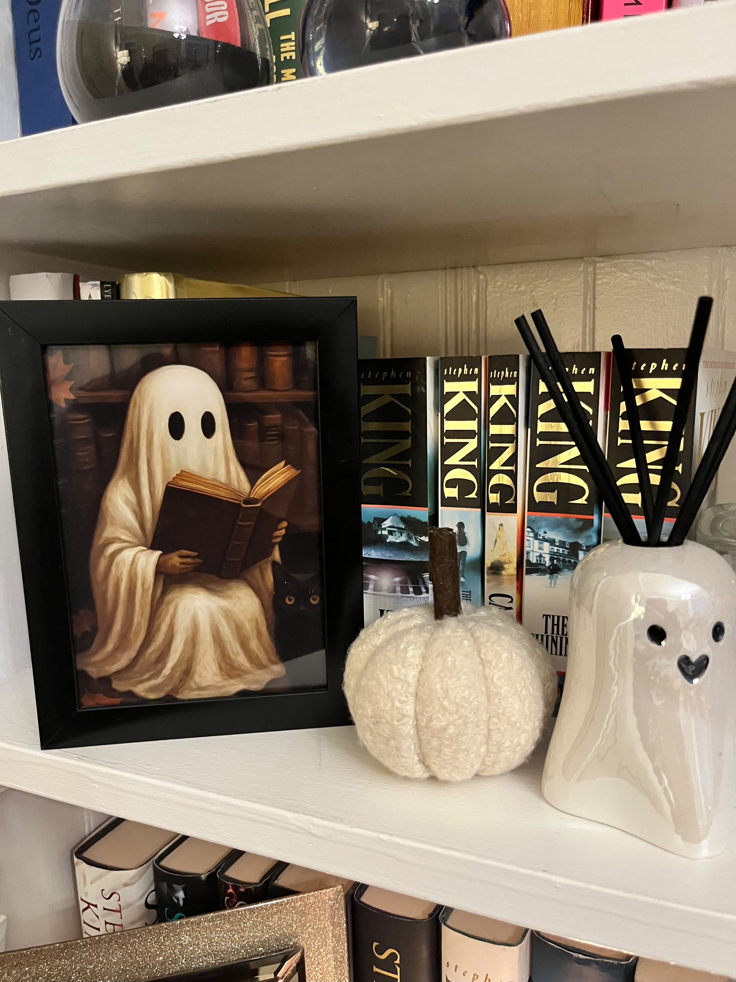 Ghost Reading in Library with Black Cat Vintage Halloween Wall Art