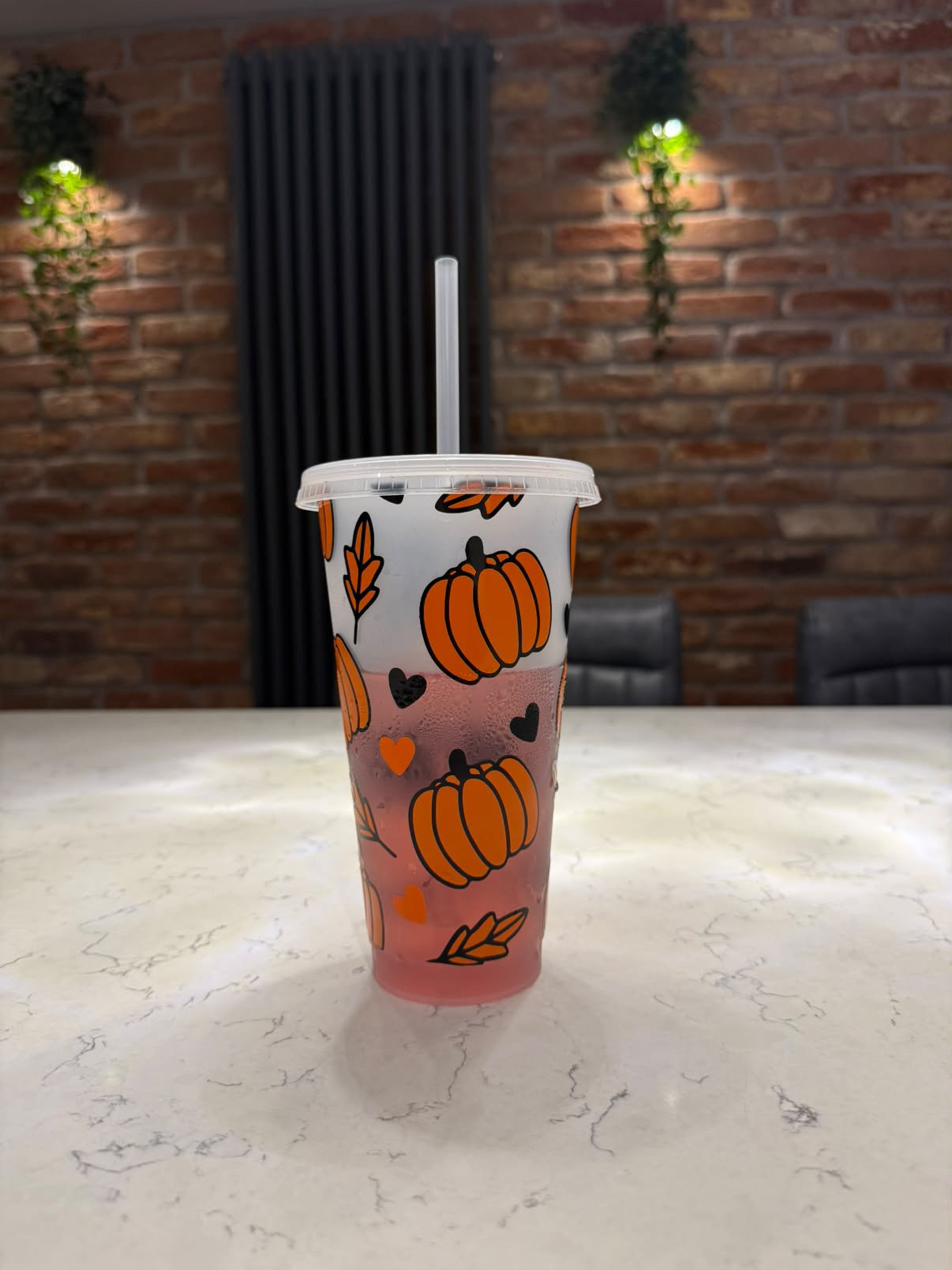 Autumn Leaves Heart Print Tumbler Venti Cold Cup 24oz - With Straw