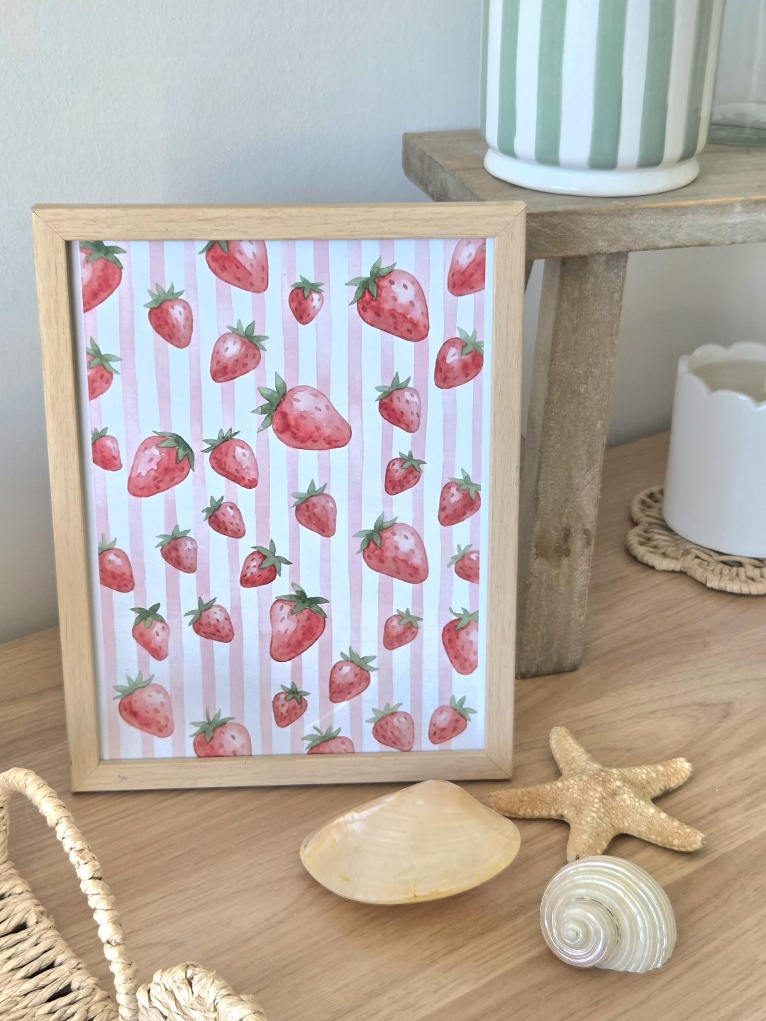 Strawberry Pattern Wall Art, Summer Fruit Print, Watercolour Home Decor, Cottagecore Kitchen Illustration