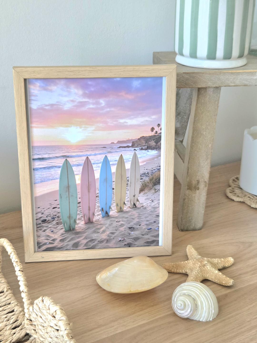 Pastel Surfboards Beach Wall Art Summer Sunset Coastal Photography Print, Nautical Decor, Contemporary Home Illustration