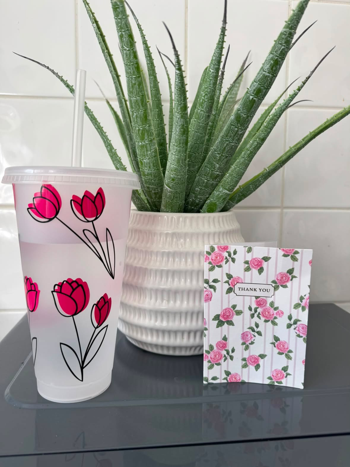 Personalised Name Pink Floral Line Work Tumbler Venti Cold Cup 24oz - With Straw