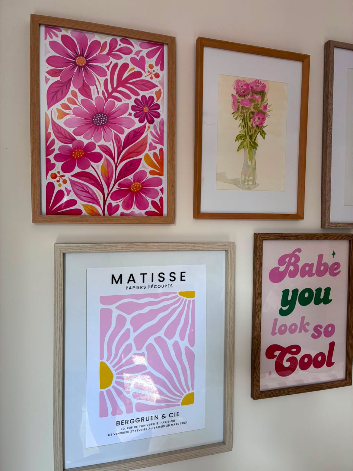 Hot Pink Scandinavian Floral Wall Art Print – Bold Nordic Folk Flower Poster, Vibrant Botanical Decor