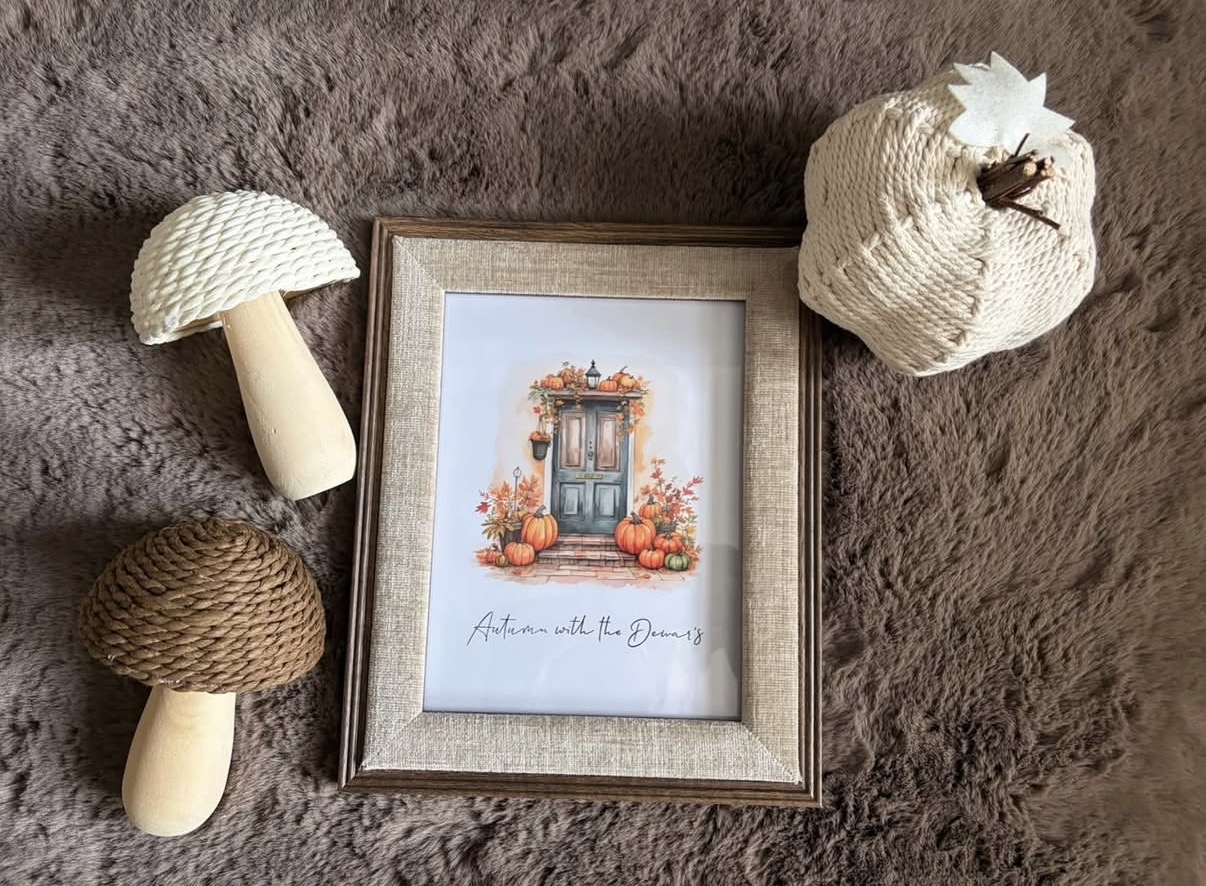 Personalised Autumn At The "Surname" Or “House Number” Watercolour Pumpkins Front Door Seasonal Wall Home Decor Print
