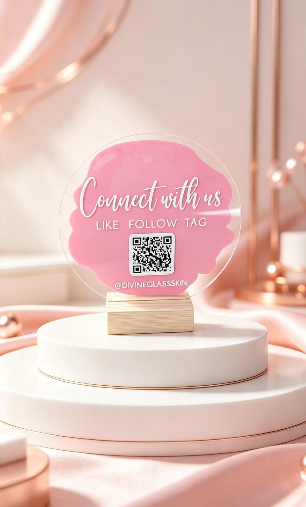Connect With Us Social Media Handle Circle Acrylic Plaque Sign With Wooden Base