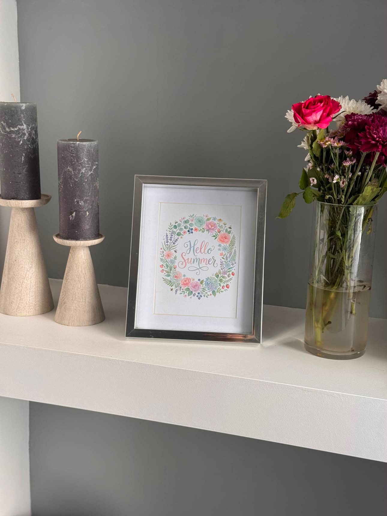Hello Summer Floral Wreath Wall Art Pastel Watercolour Print Botanical Home Decor