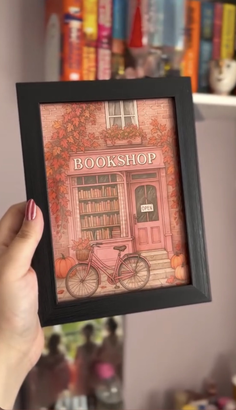 Autumn Bookshop Wall Art – Cozy Fall Print with Bicycle, Pumpkins & Leaves