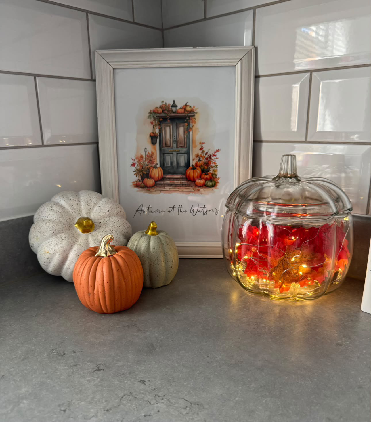 Personalised Autumn At The "Surname" or “House Number” Watercolour Leaves Front Door Seasonal Wall Home Decor Print