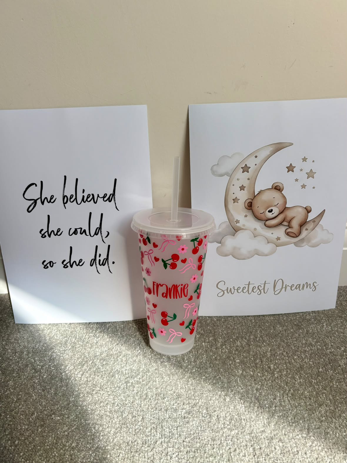 Personalised Cherry Pattern Cold Cup, Pink Floral Design, Fun Summer Drinkware