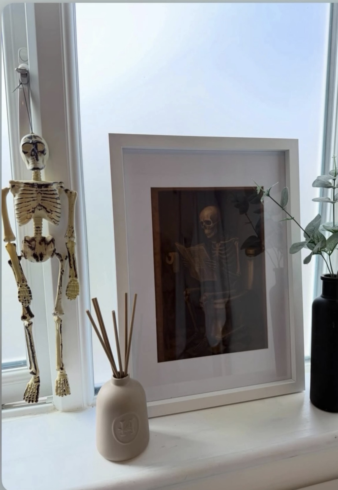 Funny Skeleton on Toilet Reading Newspaper – Vintage Spooky Halloween Bathroom Wall Art