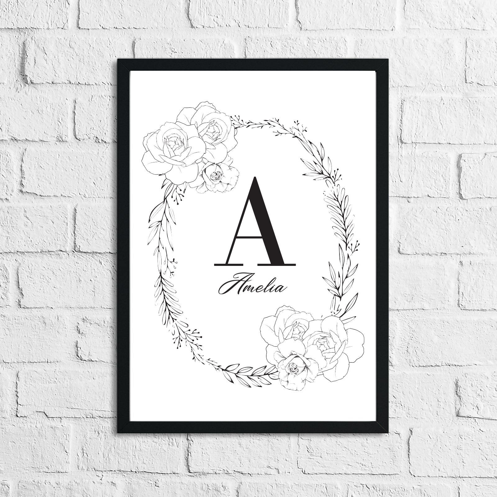 Black Rose Wreath Name Children's Room Wall Decor Print
