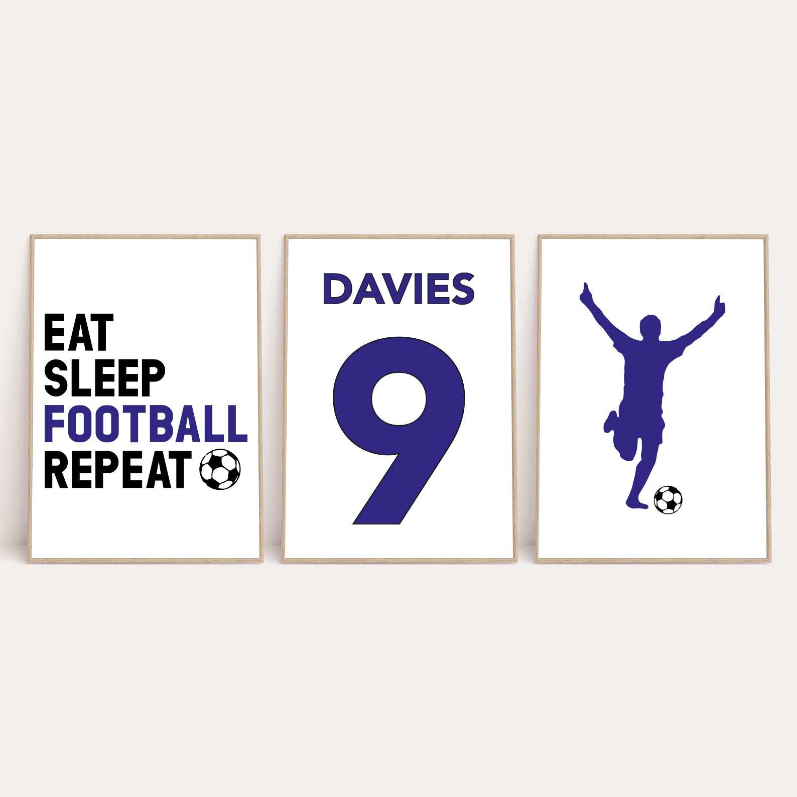 Personalised Surname Eat Sleep Football Repeat Children's Wall Decor Set Of 3 Prints (Any Colour/No.)