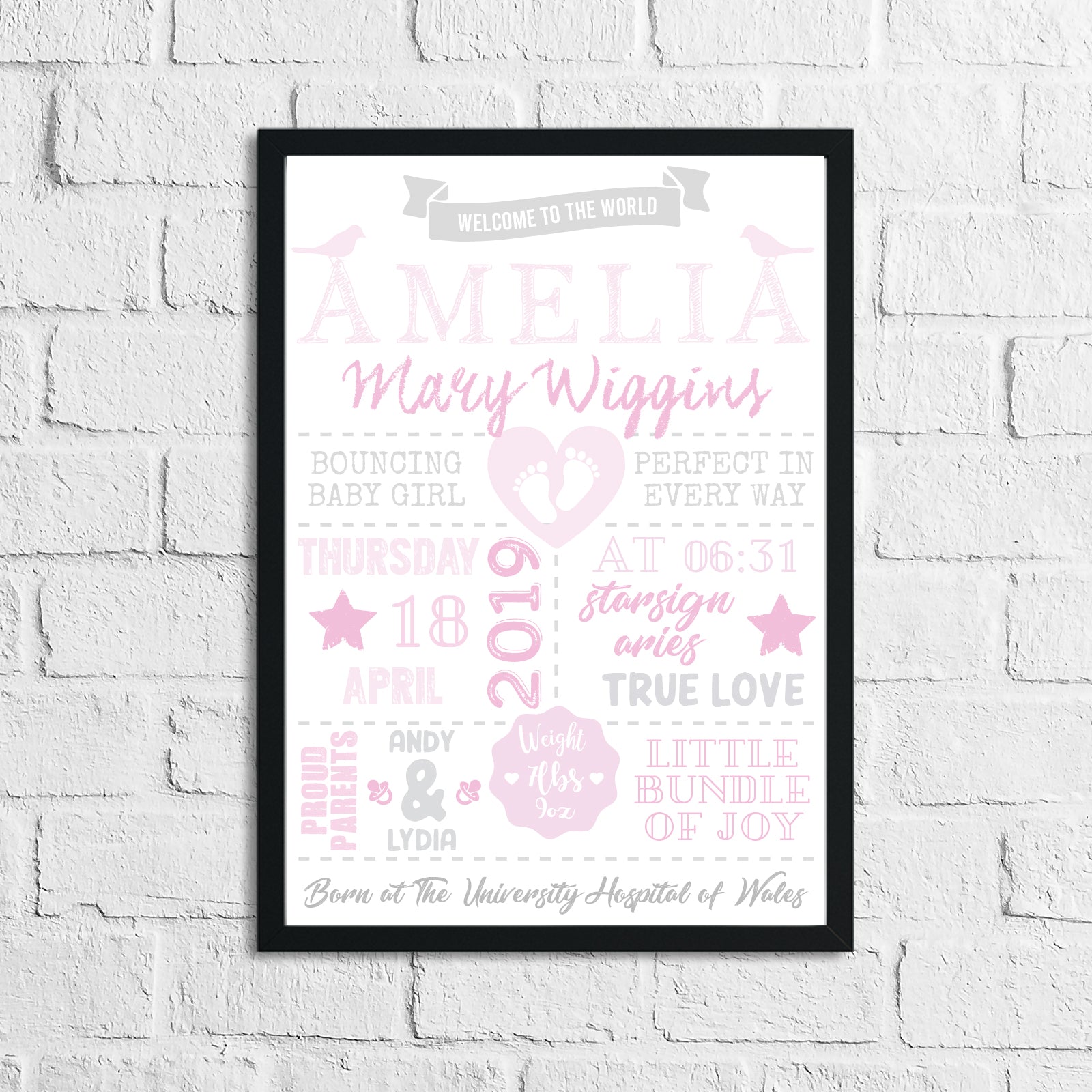 Personalised Baby Girl's Birth Pink Children's Bedroom Room Wall Decor Print