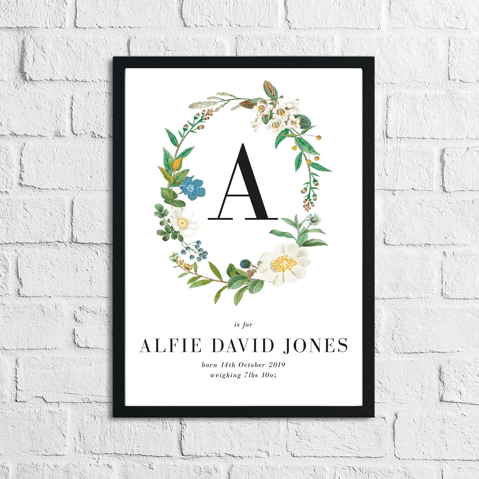 Personalised Baby Neutral Wreath Floral Children's Bedroom Wall Decor Print