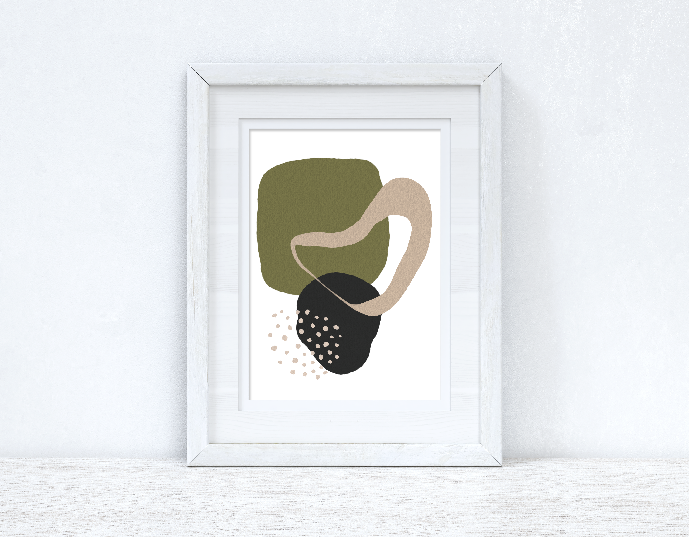 Green Beige & Black Abstract 1 Colour Shapes Home Wall Decor Print