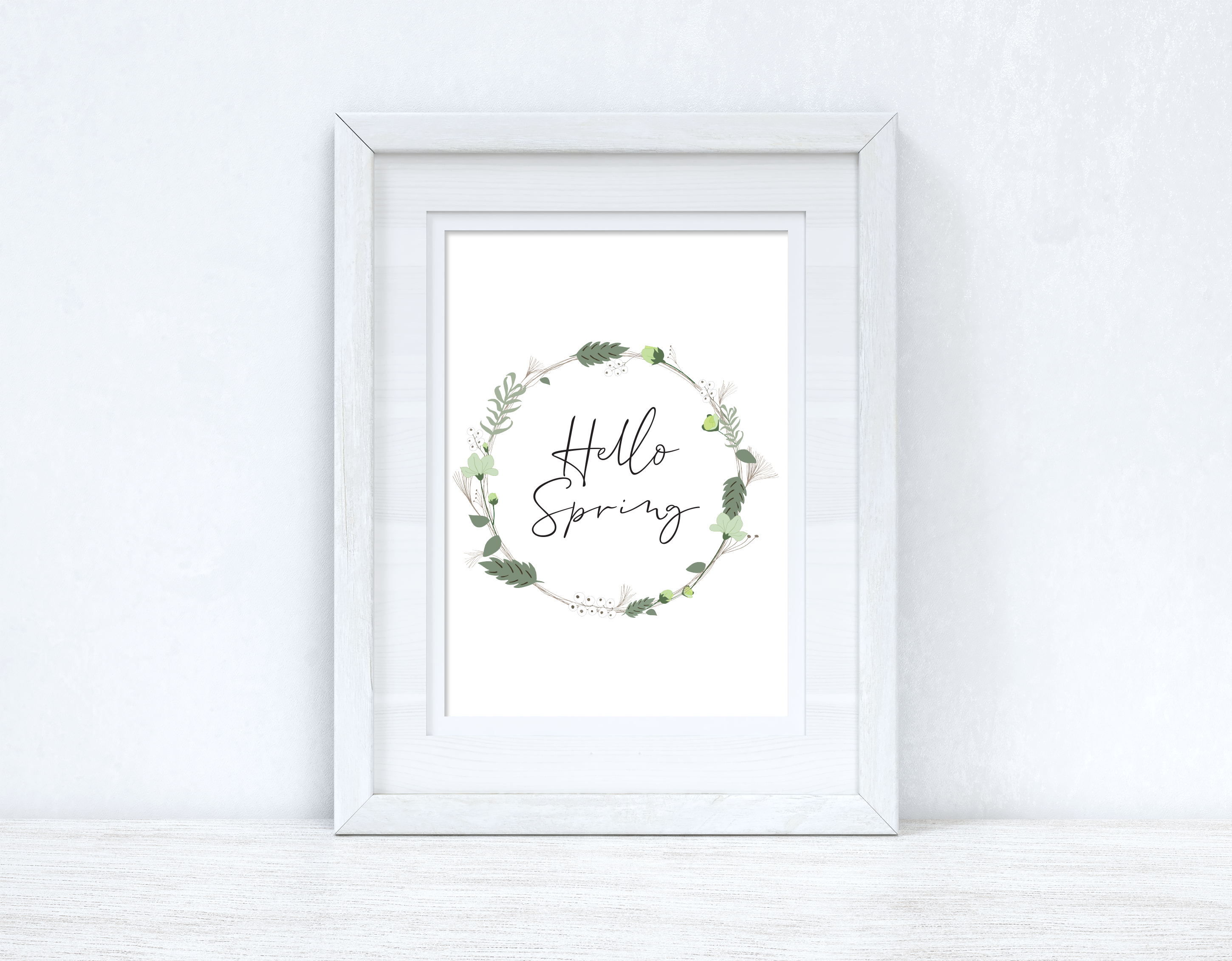 Hello Spring Green Floral Wreath Spring Seasonal Wall Home Decor Print
