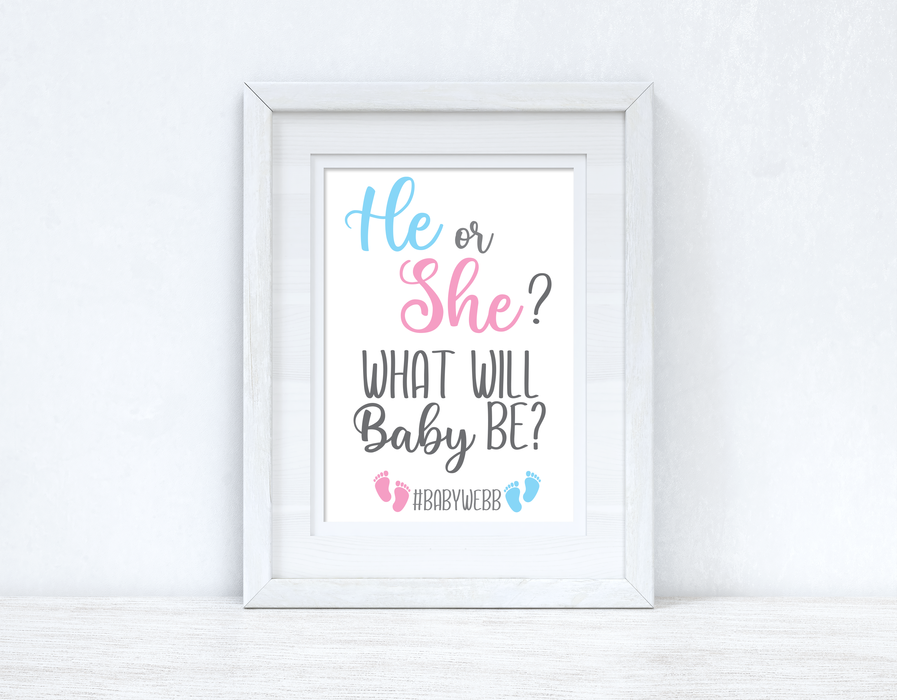 He Or She? What Will Baby Be? Custom #Last Name Baby Announcement Unisex Simple Room Wall Decor Print
