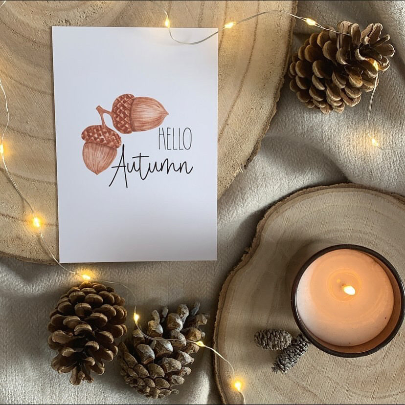 Hello Autumn Acorn New Autumn Seasonal Wall Home Decor Print