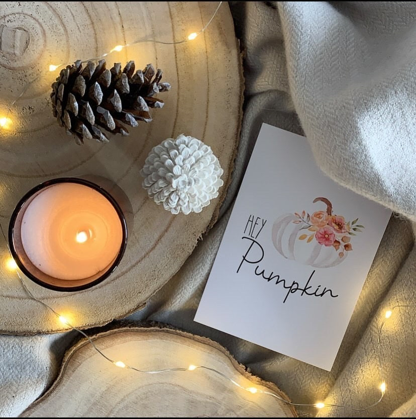 Hey Pumpkin White Floral Pumpkin Autumn Seasonal Wall Home Decor Print