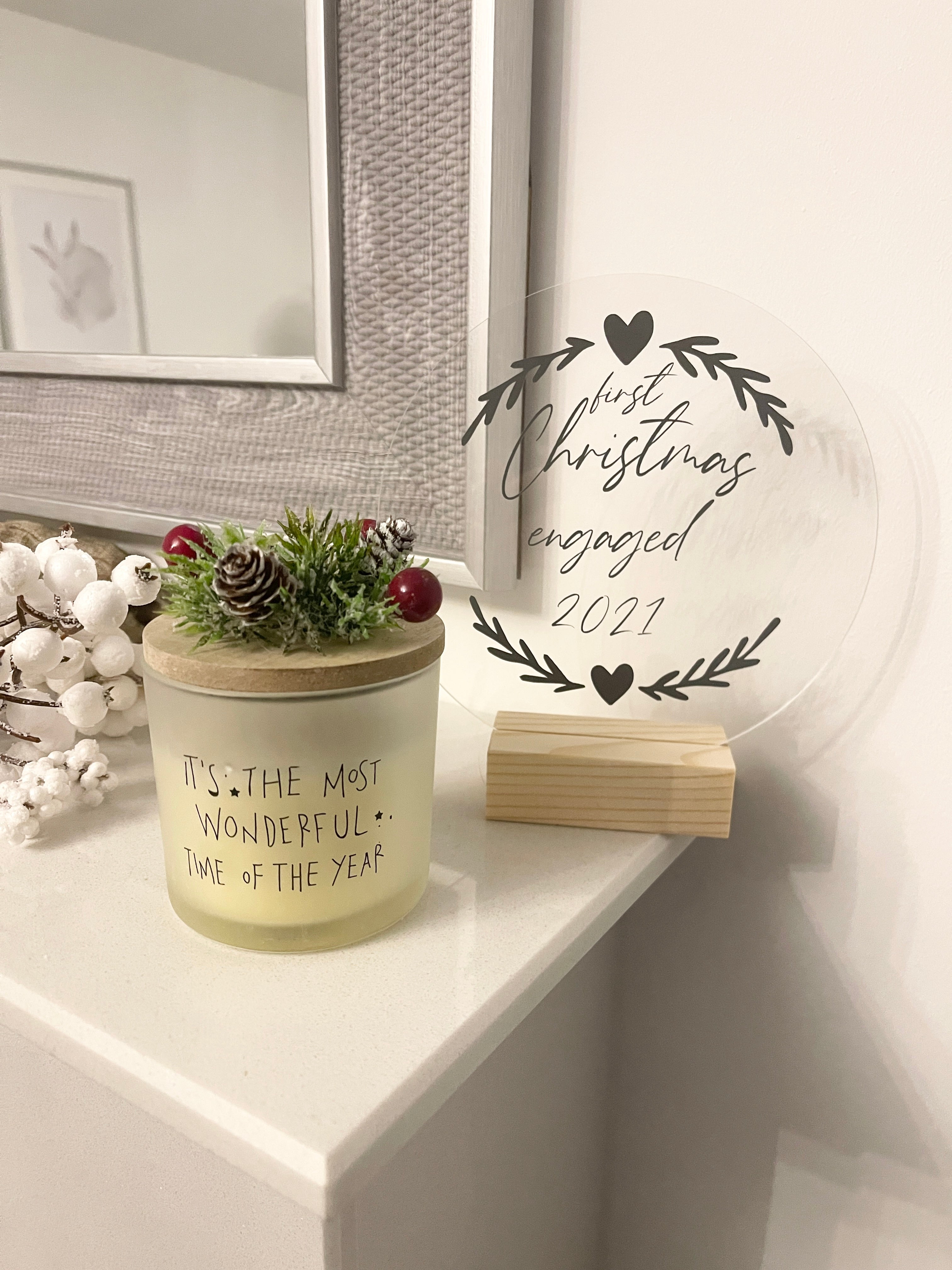 First Christmas Engaged Heart Wreath Christmas Acrylic Plaque Sign With Wooden Base