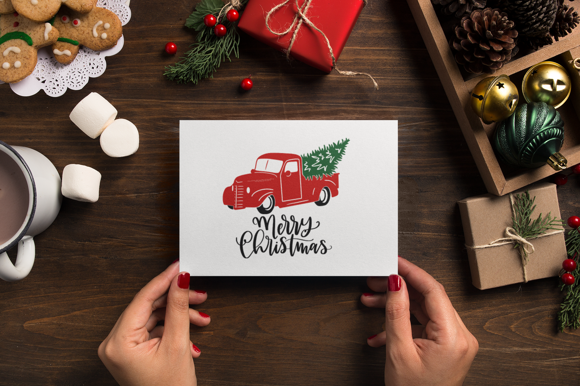 Custom Merry Christmas Tree Red Truck Seasonal Hammered Card & Envelope