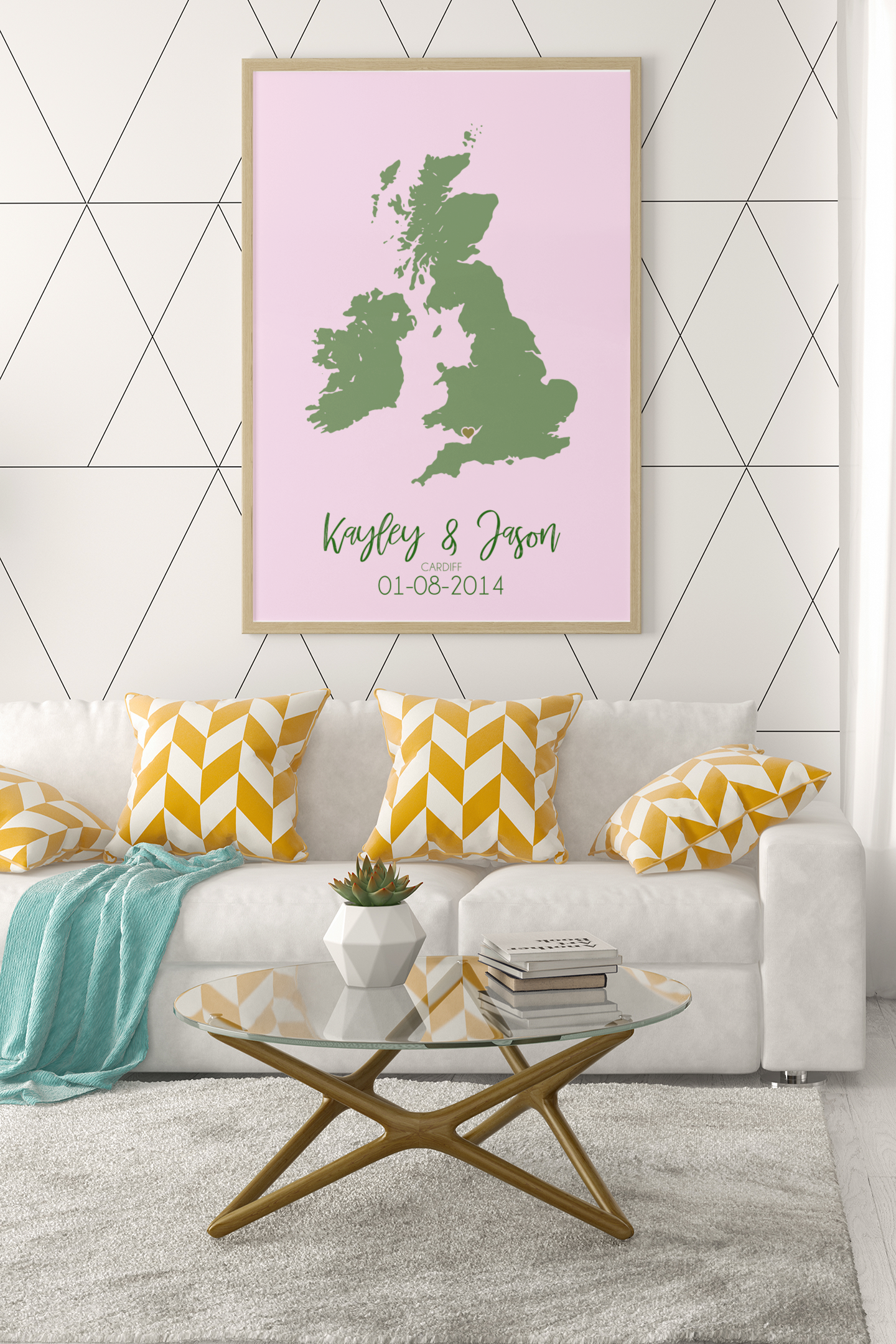 Couples United Kingdom Map with Special Dates & Heart Personalised Wall Decor Print with 10 New Styles