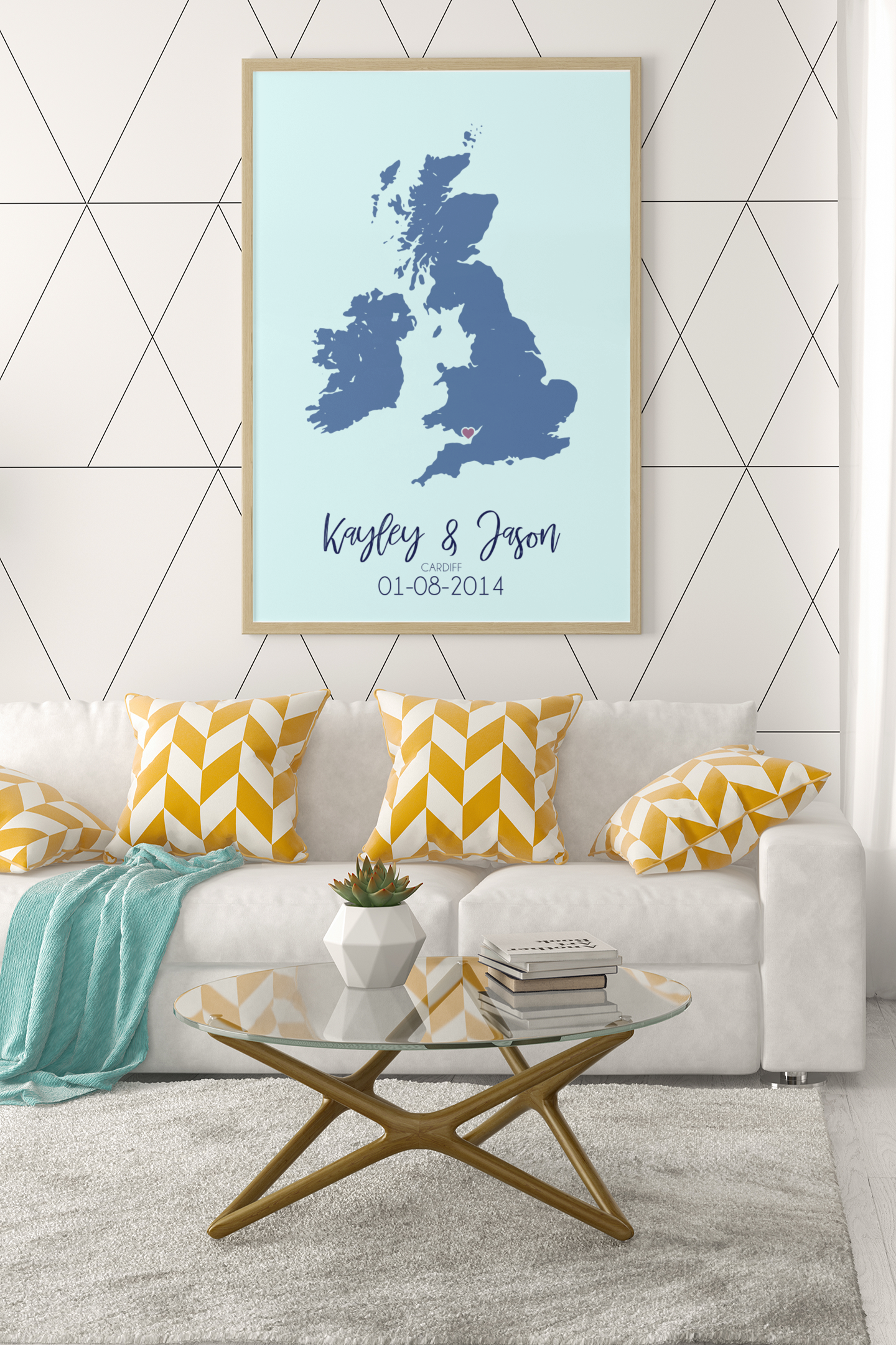 Couples United Kingdom Map with Special Dates & Heart Personalised Wall Decor Print with 10 New Styles