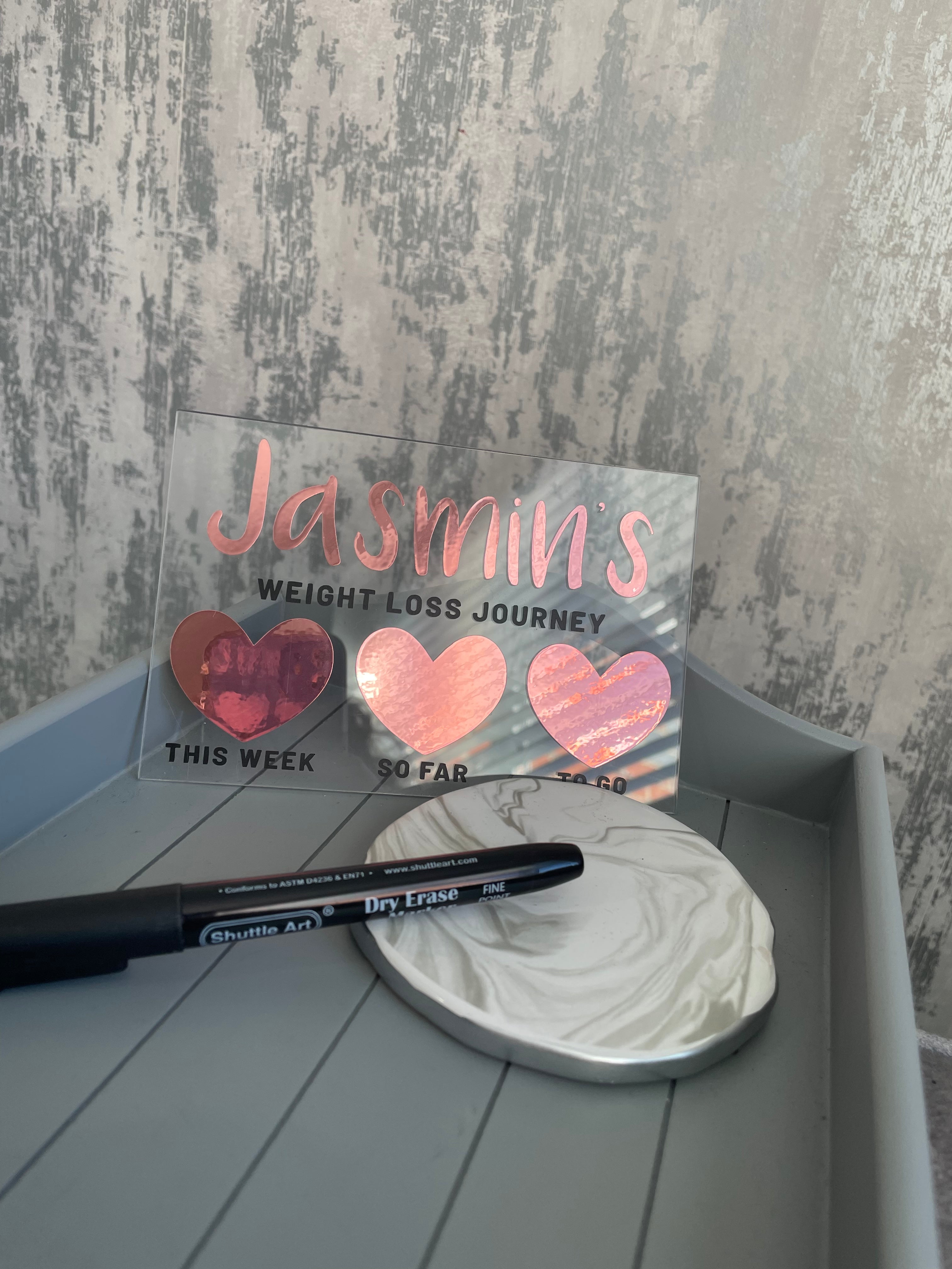 Personalised Name 10x15cm Magnetic Clear Acrylic Heart Whiteboard Weight Loss Journey Sign Plaque & Drywipe Pen