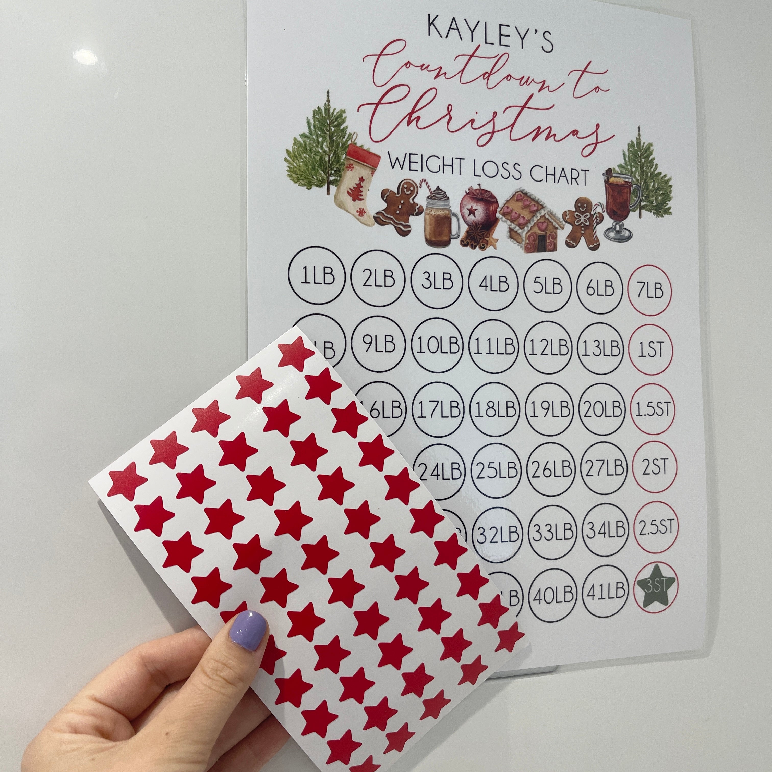 Personalised Name Countdown To Christmas A4 Weight Loss Chart Tracker Print - st. lb Units - Laminated With Stars