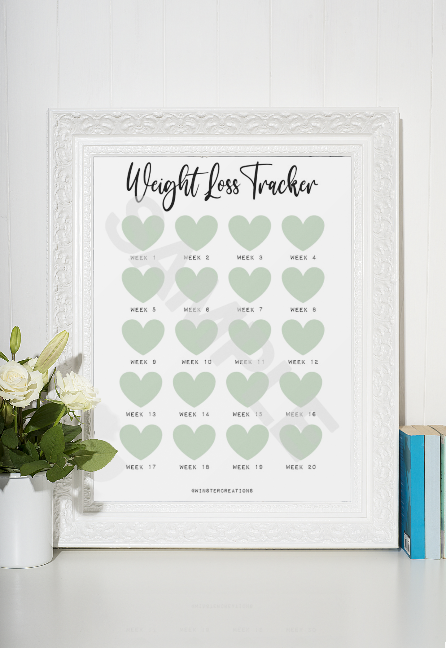 Personalised Weight Loss Tracker Sage Green Heart 20 Week Countdown A4 Weight Loss Diet Slimming Chart Tracker Print