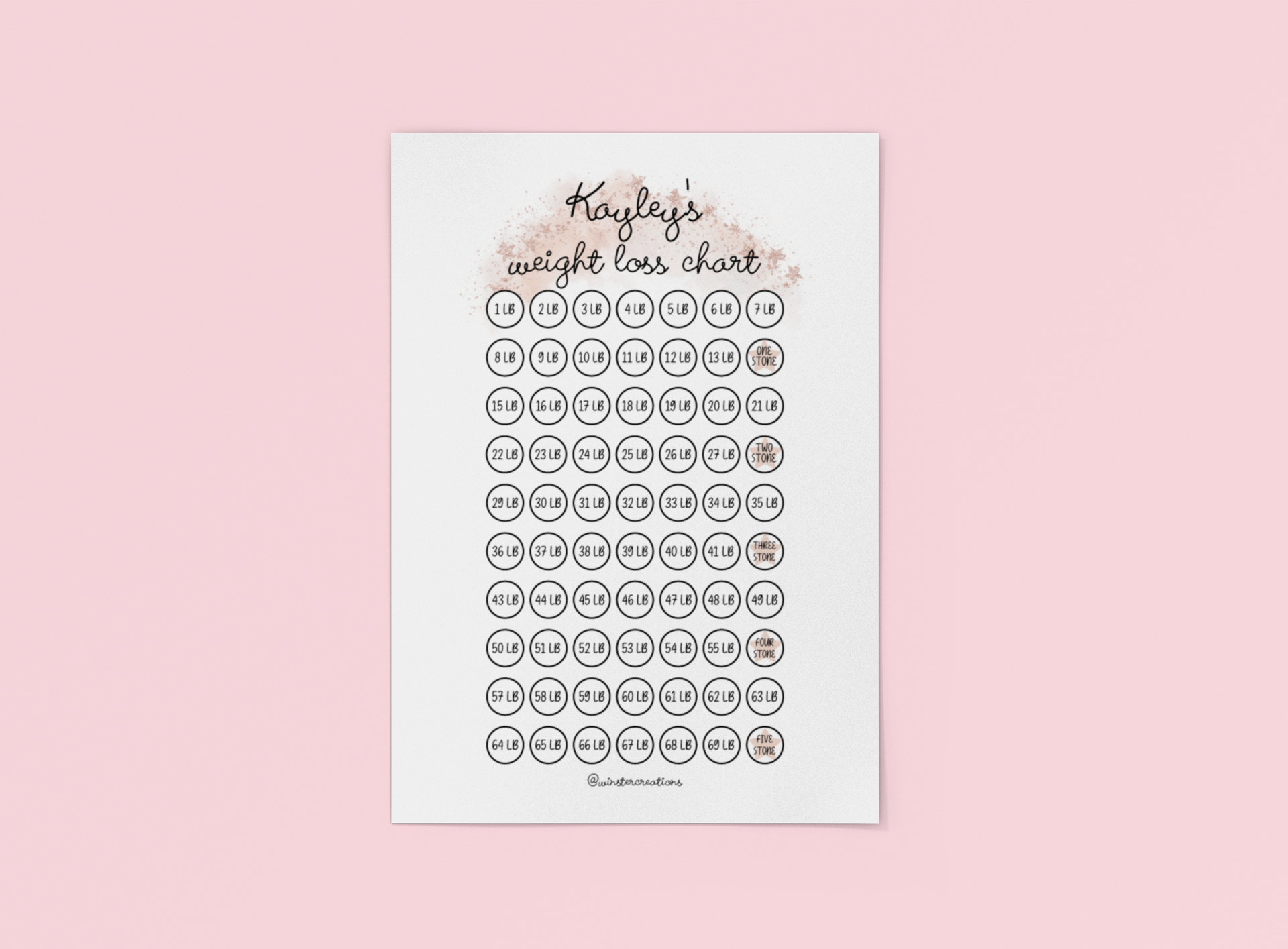 Personalised A4 Name Rose Gold Weight Loss Chart Tracker Print - st. lb Units - Laminated With Stars