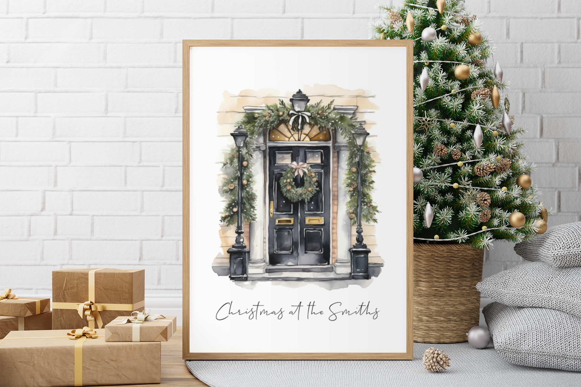 Personalised Christmas At Surname Black Front Door Winter Christmas Seasonal Wall Home Decor Print