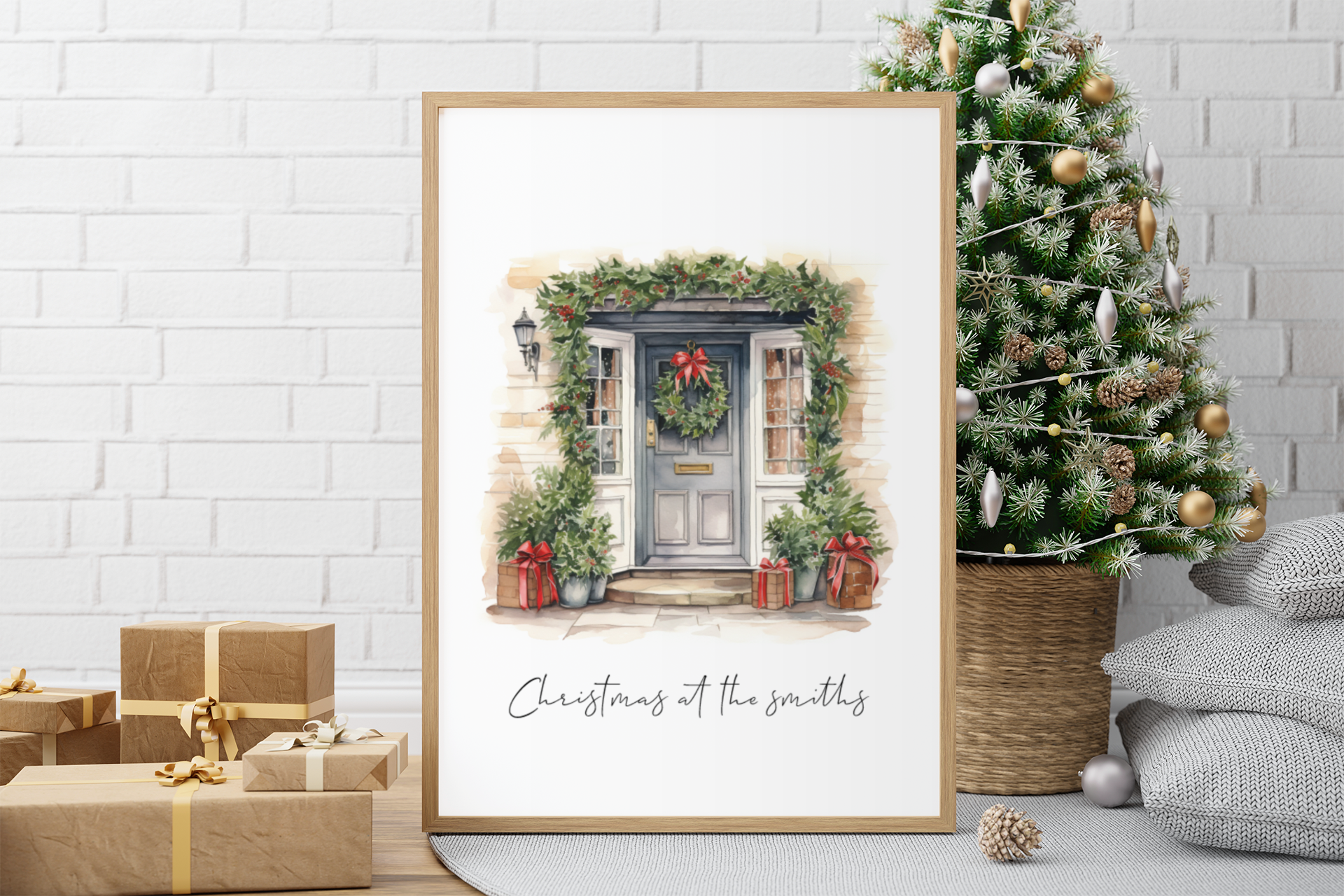 Personalised Christmas At Surname Grey Blue Front Door Winter Christmas Seasonal Wall Home Decor Print