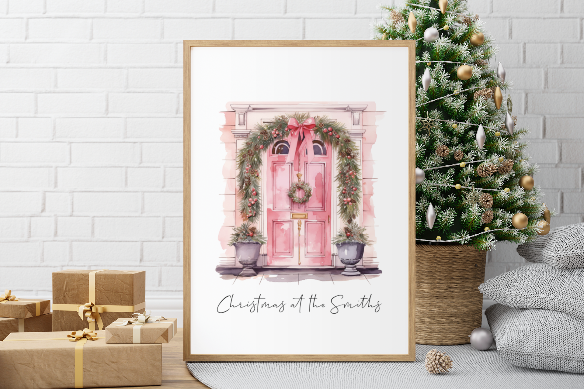 Personalised Christmas At Surname Pink Front Door Winter Christmas Seasonal Wall Home Decor Print