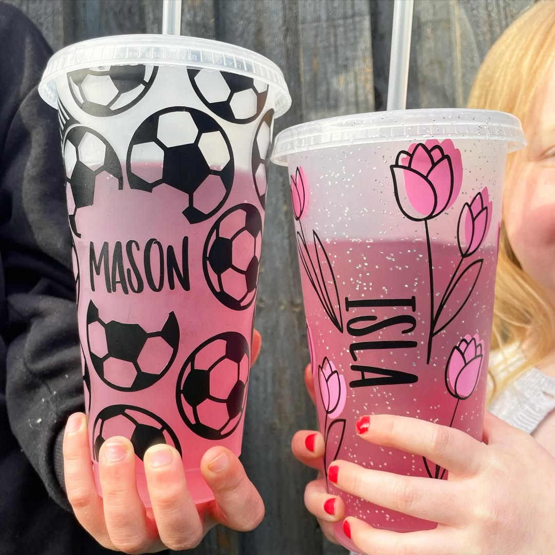 Personalised Name Pink Floral Line Work Tumbler Venti Cold Cup 24oz - With Straw
