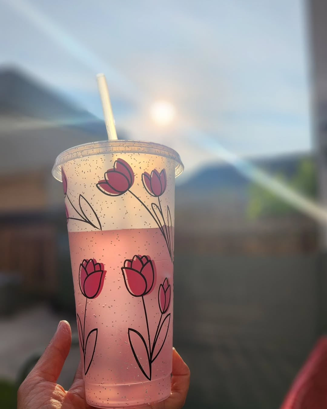 Personalised Name Pink Floral Line Work Tumbler Venti Cold Cup 24oz - With Straw