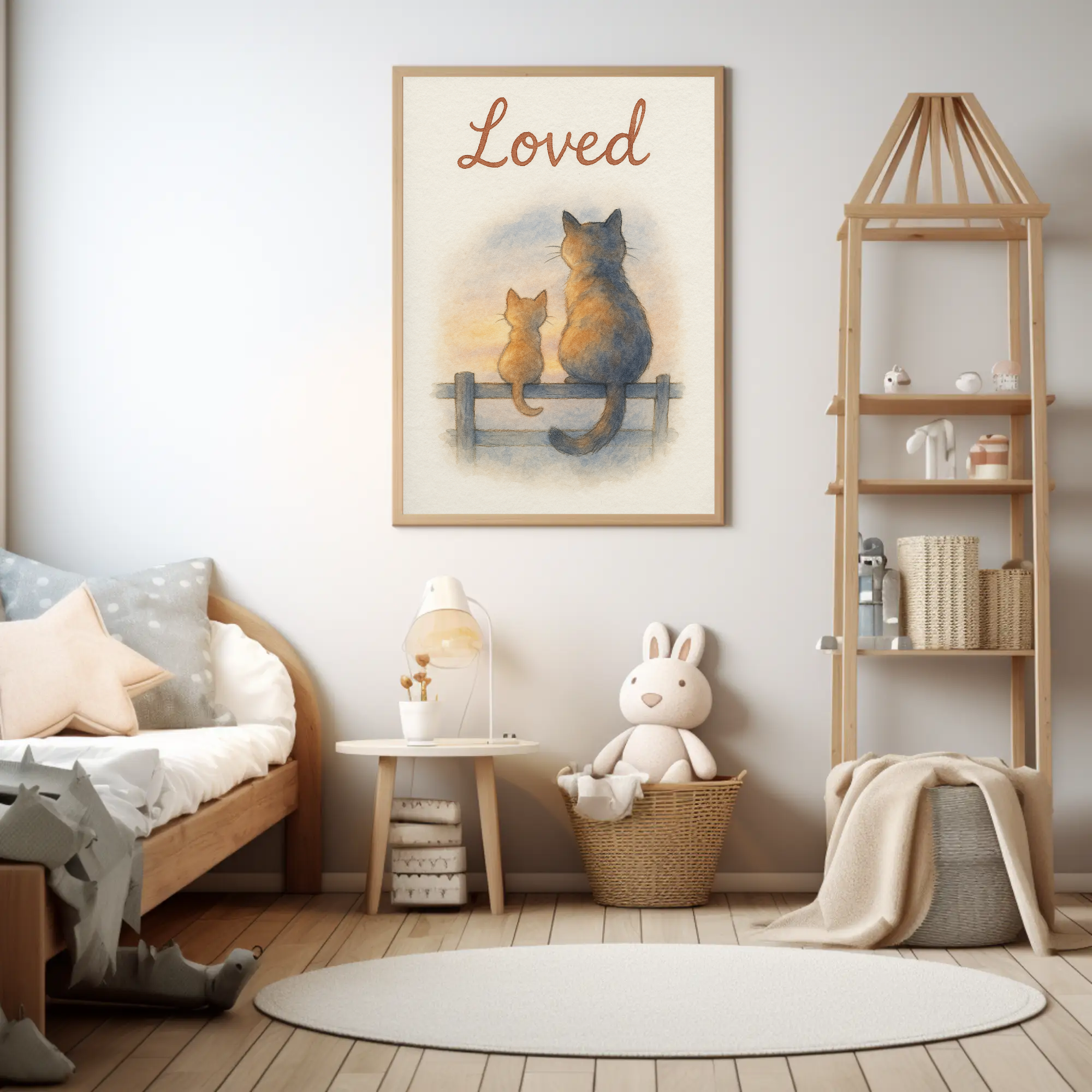 Loved Cat & Kitten Sitting On A Fence Nursery Children's Room Wall Decor Print