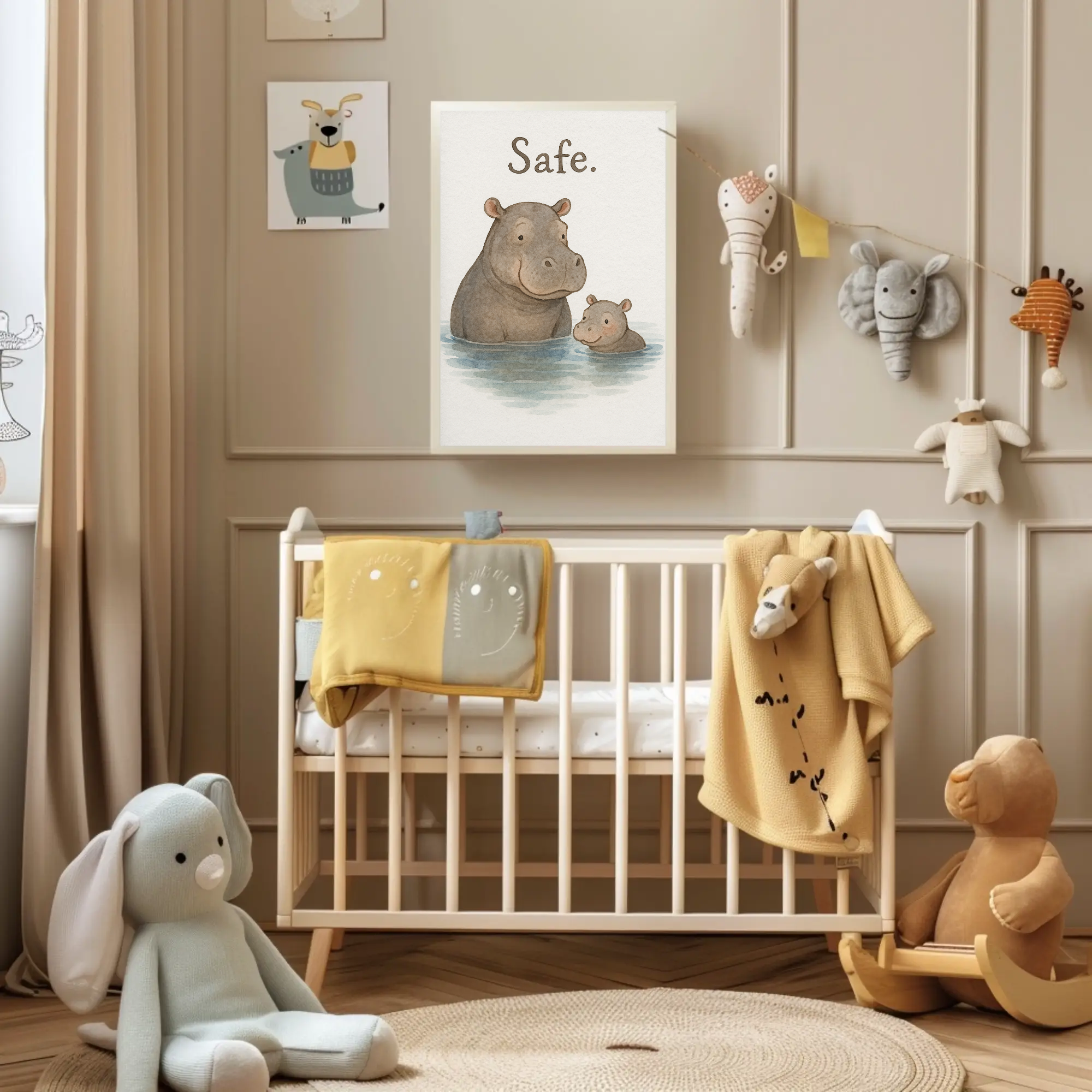 Safe Hippo Family Watercolour Nursery Children's Room Wall Decor Print