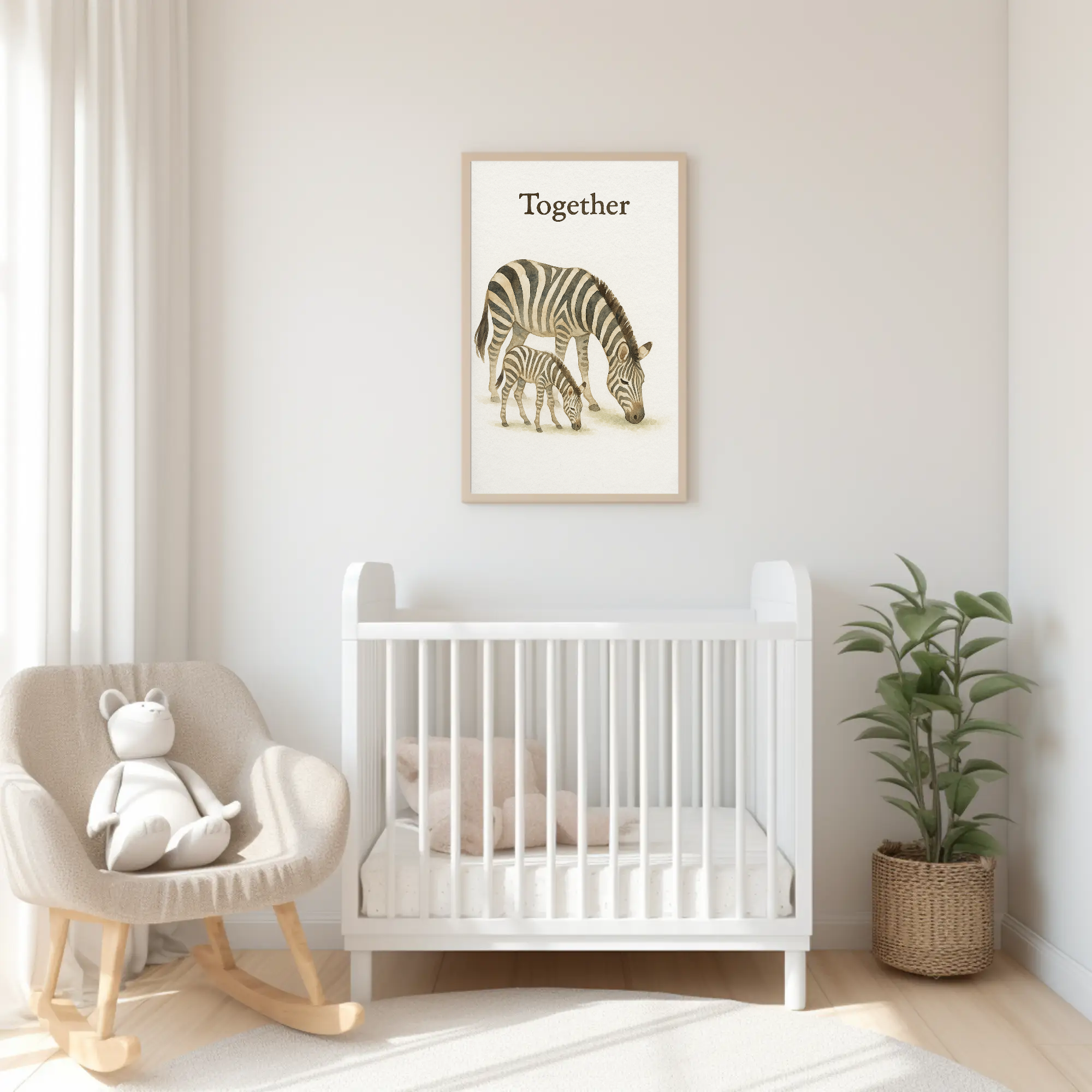 Together Zebra Family Safari Watercolour Nursery Children's Room Wall Decor Print