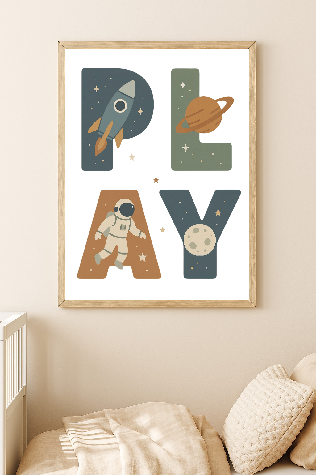 Space Adventure PLAY Wall Art – Rocket & Astronaut Nursery Print