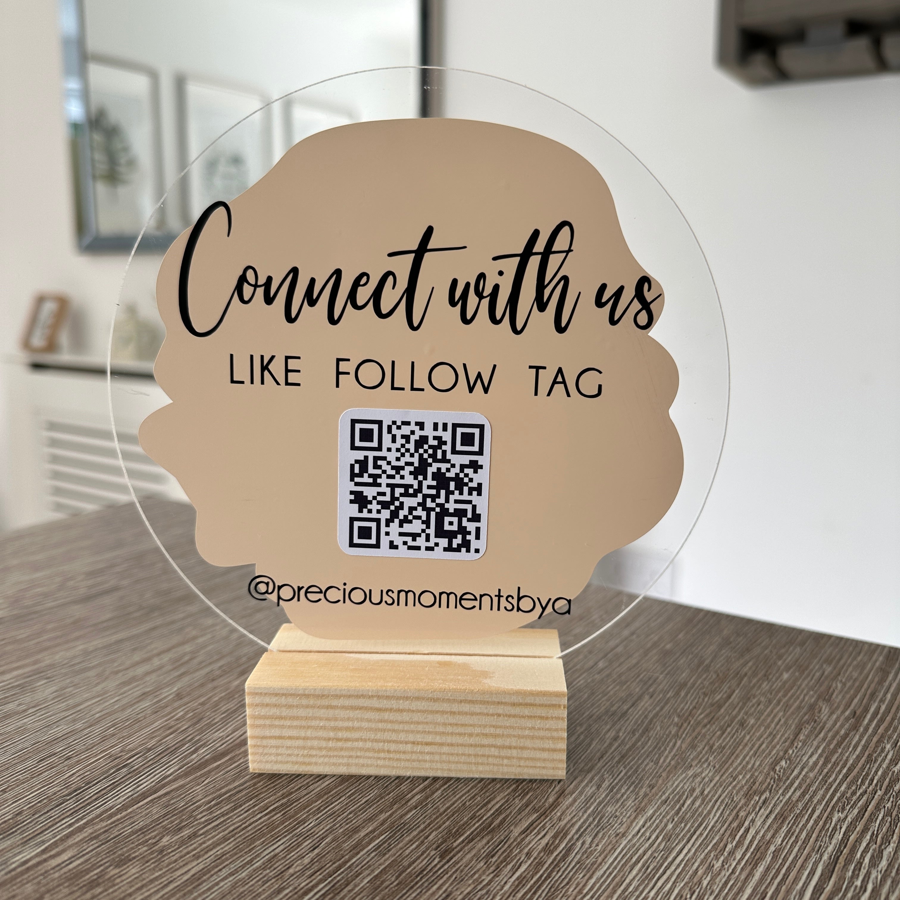 Connect With Us Social Media Handle Circle Acrylic Plaque Sign With Wooden Base