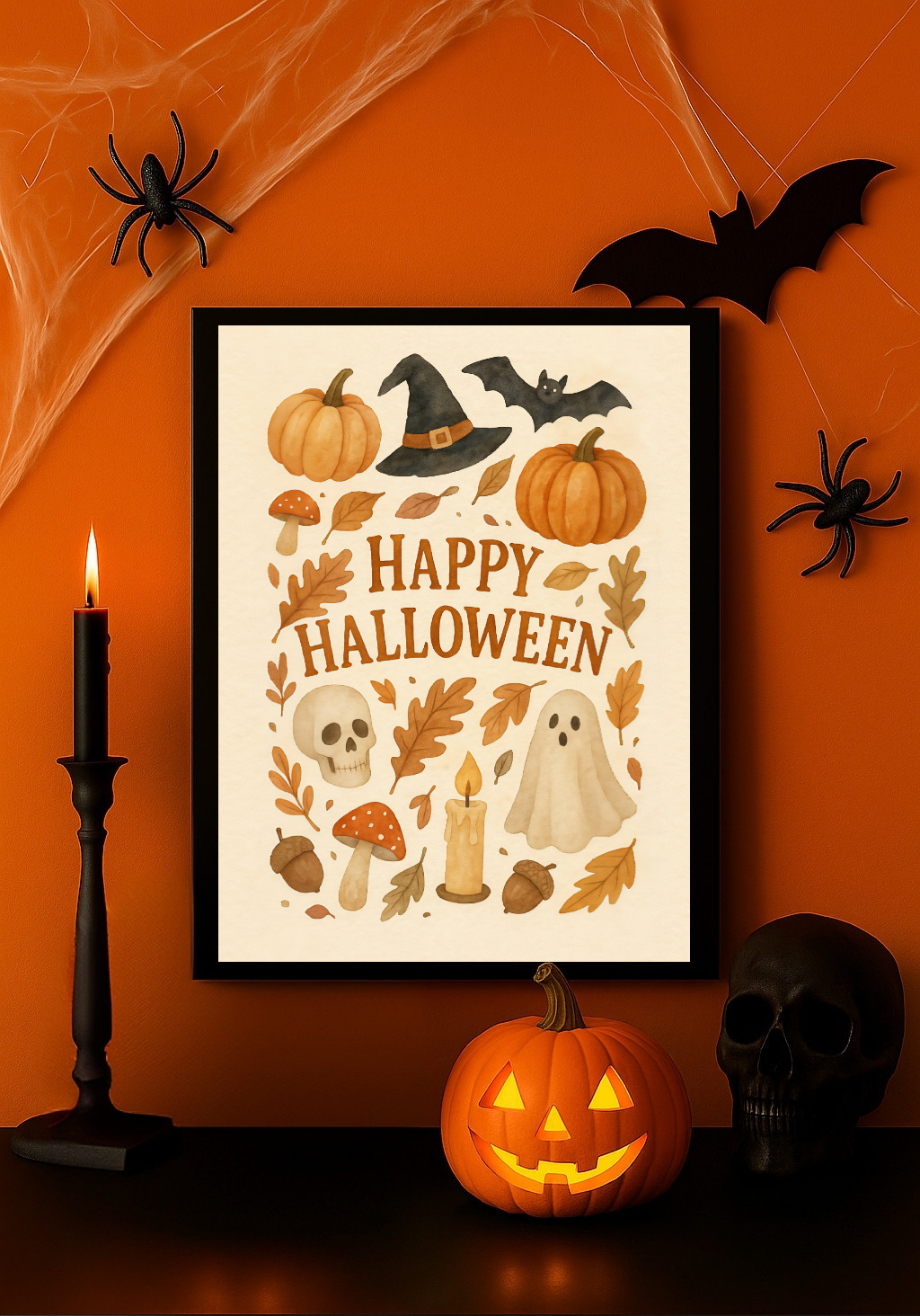 Happy Halloween – Cute Ghost, Pumpkin & Autumn Leaves Wall Art Print