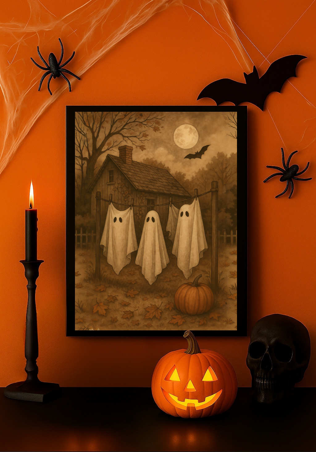 Three Ghosts on Clothesline – Vintage Haunted Farmhouse Halloween Wall Art