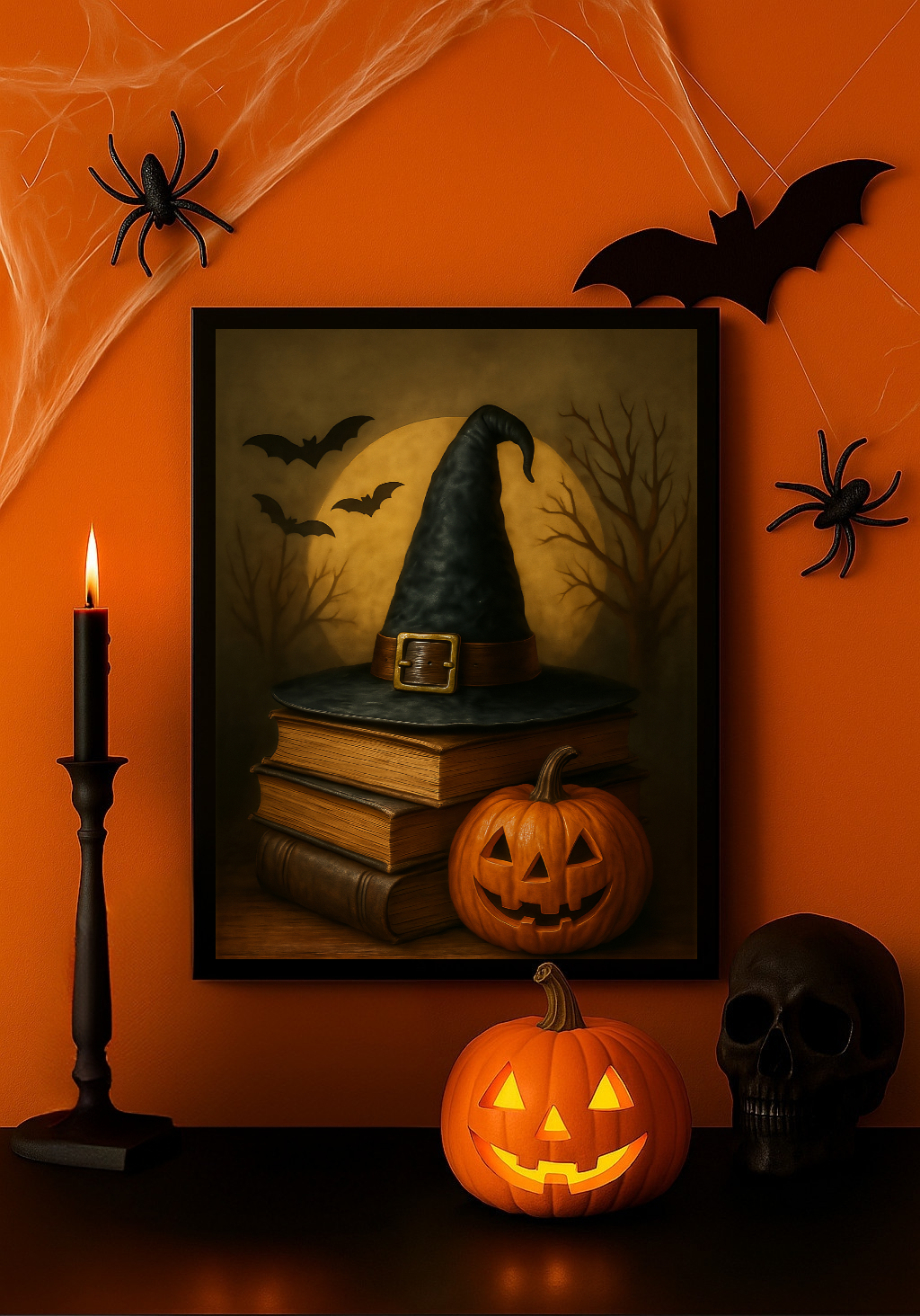 Witch Hat on Spell Books with Pumpkins – Vintage Spooky Halloween Wall Art