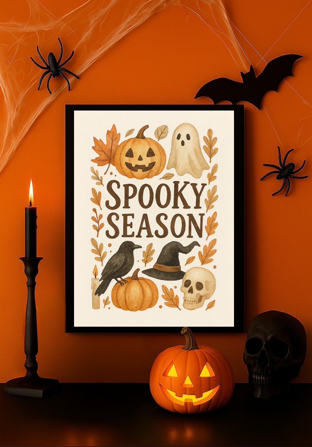 Spooky Season – Vintage Halloween Wall Art with Ghost, Pumpkins, Crow, and Witch Hat